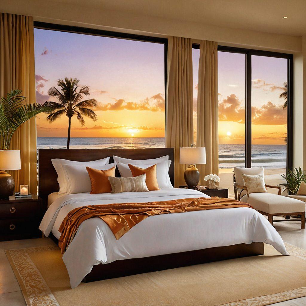 A sultry beach scene transitioning into a dreamy bedroom setting, featuring a stunning array of exotic swimwear displayed on soft sand leading to an elegant bed adorned with flowing fabrics. Include gentle waves lapping at the shore and alluring sunset light casting a warm glow over the scene, capturing the essence of sensuality and relaxation. ultra-realistic. soft focus. warm tones.